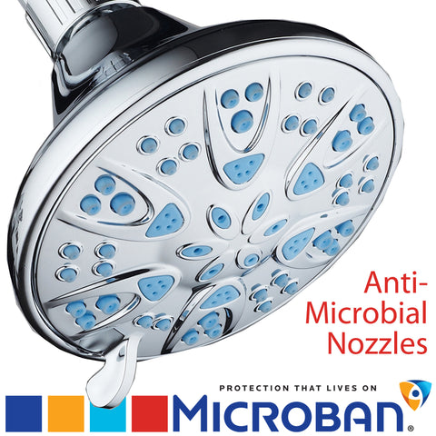 AquaDance® 5504 Antimicrobial / Anti-Clog High-Pressure 6-Setting Shower Head with Microban Nozzle Protection from Growth of Mold, Mildew & Bacteria for Stronger Shower! 4" Aqua Blue