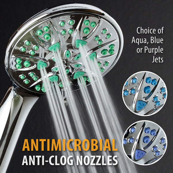 AquaDance® 5514 AquaDance 5514 Antimicrobial/Anti-Clog High-Pressure 6-Setting Hand with with Microban Nozzle Protection from Growth of Mold, Mildew & Bacteria for Stronger Shower! 4" Wave Blue