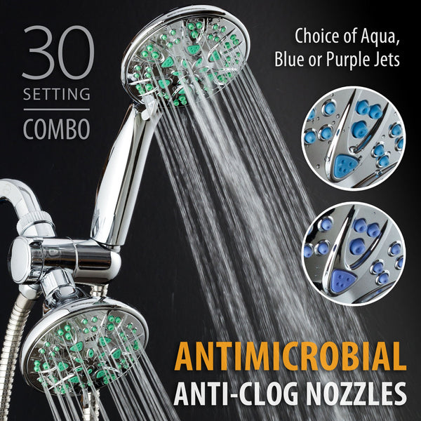AquaDance® 7526 Antimicrobial/Anti-Clog High-Pressure 30-setting Dual Head Combination Shower by AquaDance with Microban Nozzle Protection From Growth of Mold, Mildew & Bacteria for a Healthier Shower – Aqua Blue