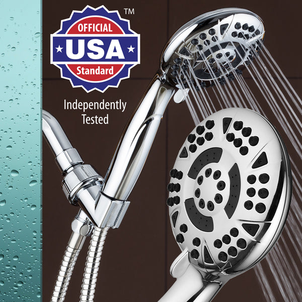 AquaDance® 3314 High Pressure 6-Setting 4.15" Chrome Face Hand Held Shower Head with Hose for Ultimate Shower Experience! Officially Independently Tested to Meet Strict US Quality & Performance Standards