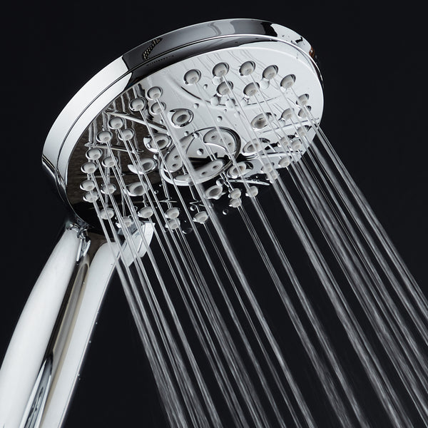 AquaSpa High Pressure 6-setting Luxury Handheld Shower Head / Extra Long 6 Foot Stainless Steel Hose / Extra Large Face / Anti Clog Jets / Brass Connection Nuts / All Chrome Finish / Top US Brand