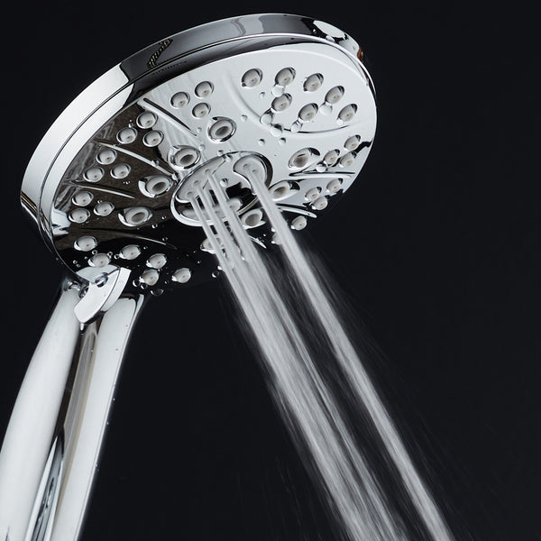 AquaSpa High Pressure 6-setting Luxury Handheld Shower Head / Extra Long 6 Foot Stainless Steel Hose / Extra Large Face / Anti Clog Jets / Brass Connection Nuts / All Chrome Finish / Top US Brand