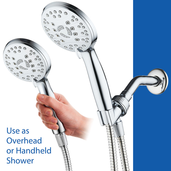 AquaSpa High Pressure 6-setting Luxury Handheld Shower Head / Extra Long 6 Foot Stainless Steel Hose / Extra Large Face / Anti Clog Jets / Brass Connection Nuts / All Chrome Finish / Top US Brand