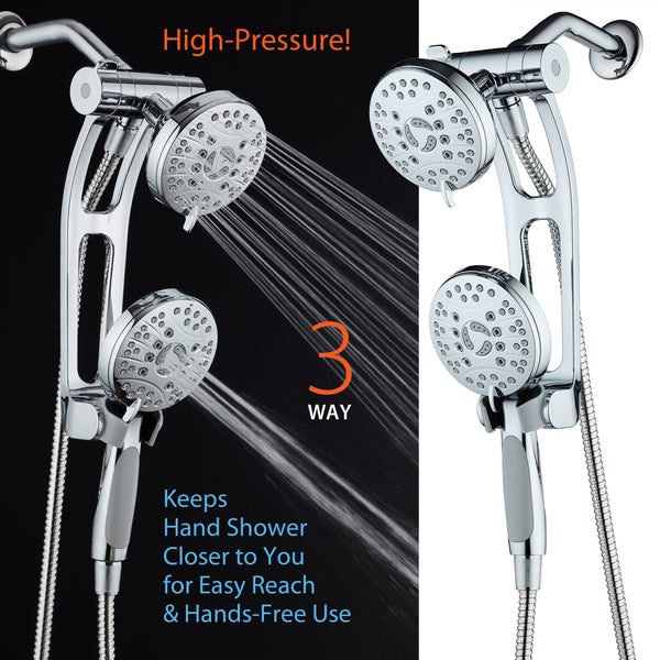 AquaSpa High Pressure 48-mode Luxury 3-way Combo with Adjustable Extension Arm / Dual Rain & Handheld Shower Head / Extra Long 6 Foot Stainless Steel Hose / All Chrome Finish / Top US Brand