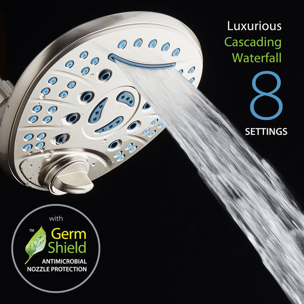 AquaCare High-Pressure 8-setting 7-inch Rainfall Shower Head with Cascading Waterfall and Antimicrobial Anti-clog Nozzles for Cleaner, More Powerful Shower! Top American Brand / Brushed Nickel Finish