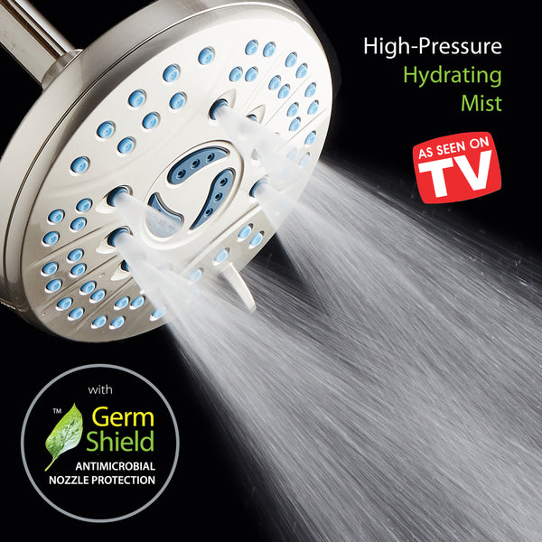 AquaCare AS-SEEN-ON-TV High-Pressure 6-setting 6-inch Rainfall Shower Head with GermShield Antimicrobial Anti-Clog Nozzles for Cleaner, More Powerful Shower! Top American Brand / Brushed Nickel Finish