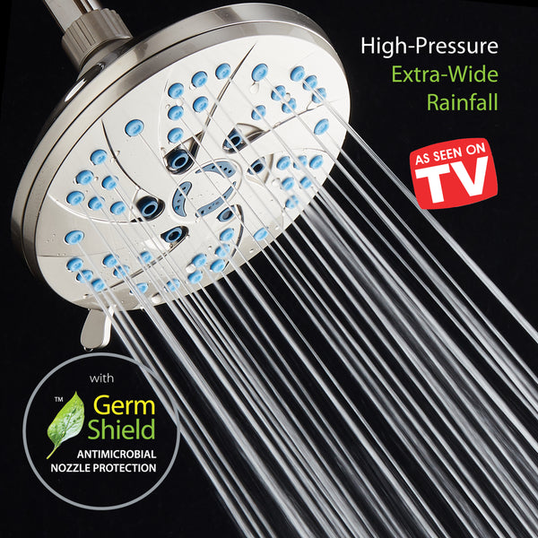 AquaCare AS-SEEN-ON-TV High-Pressure Spiral 6-mode 6-inch Rain Shower Head with GermShield Antimicrobial Anti-Clog Nozzles for Cleaner, More Powerful Shower! Top American Brand / Brushed Nickel Finish