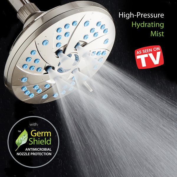 AquaCare AS-SEEN-ON-TV High-Pressure Spiral 6-mode 6-inch Rain Shower Head with GermShield Antimicrobial Anti-Clog Nozzles for Cleaner, More Powerful Shower! Top American Brand / Brushed Nickel Finish