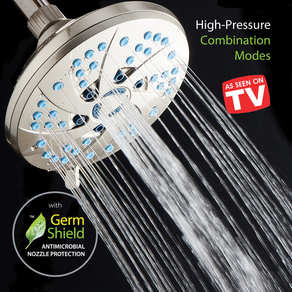 AquaCare AS-SEEN-ON-TV High-Pressure Spiral 6-mode 6-inch Rain Shower Head with GermShield Antimicrobial Anti-Clog Nozzles for Cleaner, More Powerful Shower! Top American Brand / Brushed Nickel Finish