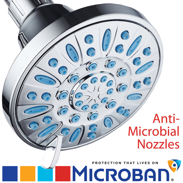 AquaDance® 5505 Antimicrobial/Anti-Clog High-Pressure 6-setting Shower Head by AquaDance with Microban Nozzle Protection from Growth of Mold, Mildew & Bacteria for Stronger Shower! (Chrome / Wave Blue Jets)