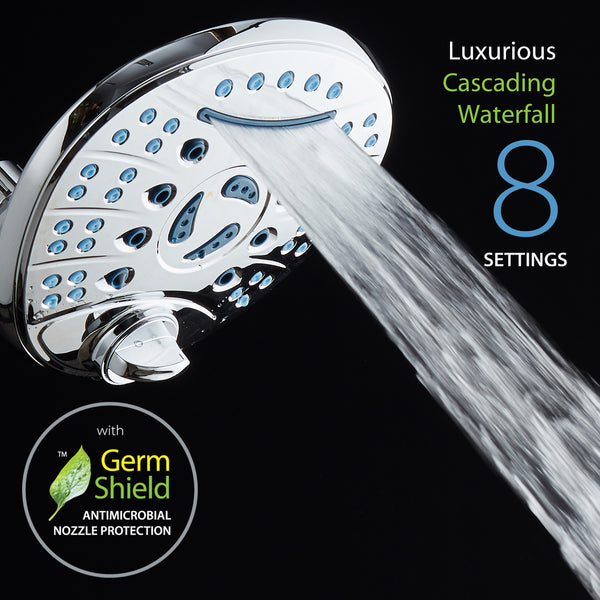 AquaCare High-Pressure 8-setting 7-inch Rainfall Shower Head with Cascading Waterfall and Antimicrobial Anti-clog Nozzles for Cleaner, More Powerful Shower! Top American Brand / All Chrome Finish