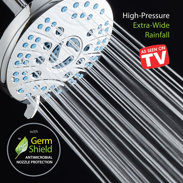 AquaCare AS-SEEN-ON-TV High-Pressure 6-setting 6-inch Rainfall Shower Head with GermShield Antimicrobial Anti-Clog Nozzles for Cleaner, More Powerful Shower! Top American Brand / All Chrome Finish