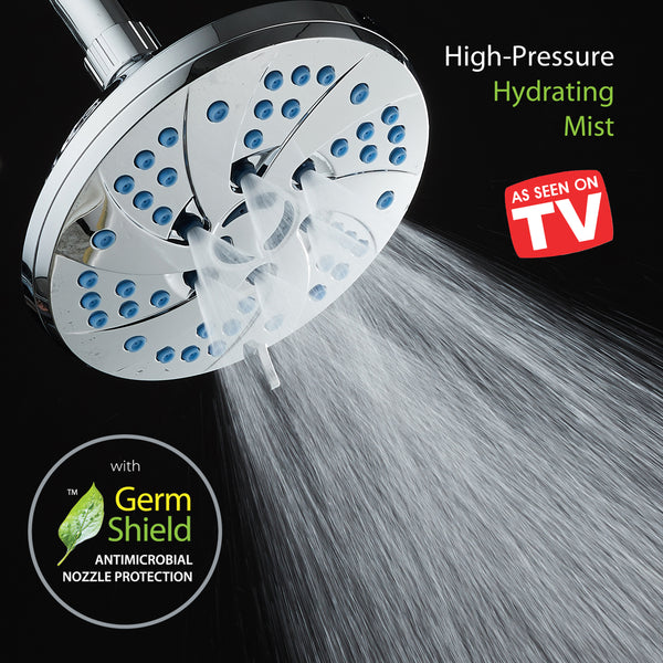 AquaCare AS-SEEN-ON-TV High-Pressure Spiral 6-mode 6-inch Rain Shower Head with GermShield Antimicrobial Anti-Clog Nozzles for Cleaner, More Powerful Shower! Top American Brand / All Chrome Finish
