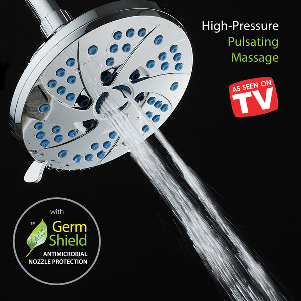 AquaCare AS-SEEN-ON-TV High-Pressure Spiral 6-mode 6-inch Rain Shower Head with GermShield Antimicrobial Anti-Clog Nozzles for Cleaner, More Powerful Shower! Top American Brand / All Chrome Finish