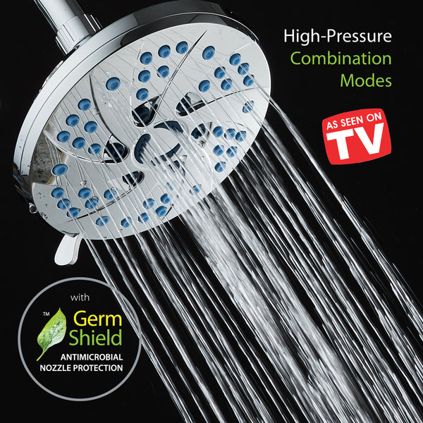 AquaCare AS-SEEN-ON-TV High-Pressure Spiral 6-mode 6-inch Rain Shower Head with GermShield Antimicrobial Anti-Clog Nozzles for Cleaner, More Powerful Shower! Top American Brand / All Chrome Finish