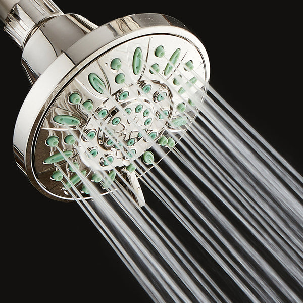 AquaDance® 8205 Antimicrobial/Anti-Clog High-Pressure 6-setting Shower Head, Nozzle Protection from Growth of Mold, Mildew & Bacteria for Stronger Shower! Brushed Nickel Finish/Coral Green Jets