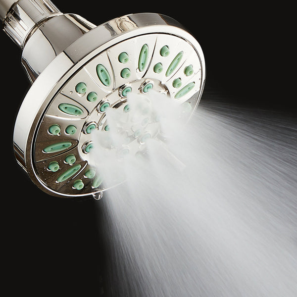 AquaDance® 8205 Antimicrobial/Anti-Clog High-Pressure 6-setting Shower Head, Nozzle Protection from Growth of Mold, Mildew & Bacteria for Stronger Shower! Brushed Nickel Finish/Coral Green Jets