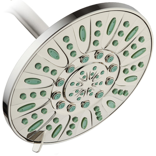 AquaDance® 8208 7-inch 6-Setting Rainfall Showerhead with Anti-Microbial Protection from Mold, Mildew, and Bacteria - Clog-Free, Brushed Nickel Finish/Coral Green Jets