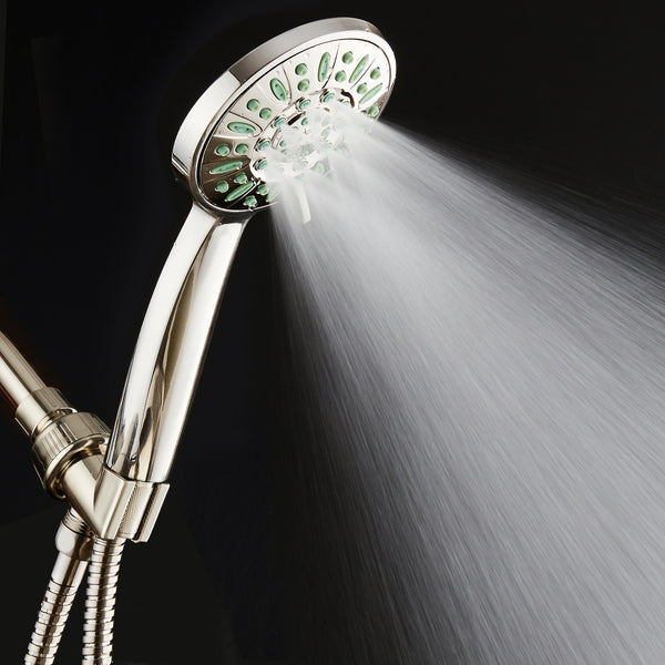 AquaDance® 8216 Antimicrobial/Anti-Clog High-Pressure 6-setting Hand Shower, Nozzle Protection from Growth of Mold, Mildew & Bacteria for Stronger Shower! Brushed Nickel Finish/Coral Green Jets