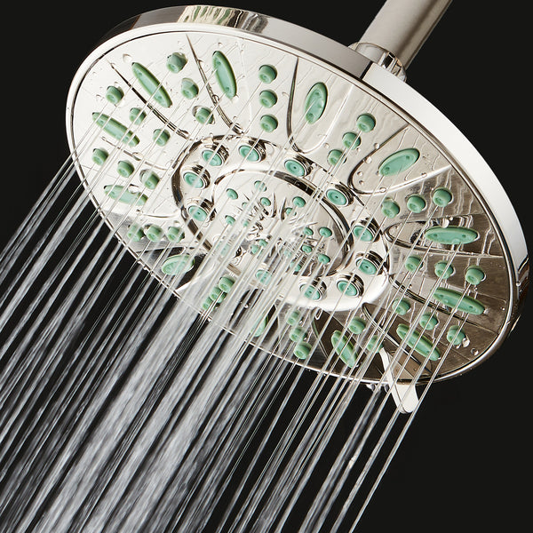 AquaDance® 8208 7-inch 6-Setting Rainfall Showerhead with Anti-Microbial Protection from Mold, Mildew, and Bacteria - Clog-Free, Brushed Nickel Finish/Coral Green Jets
