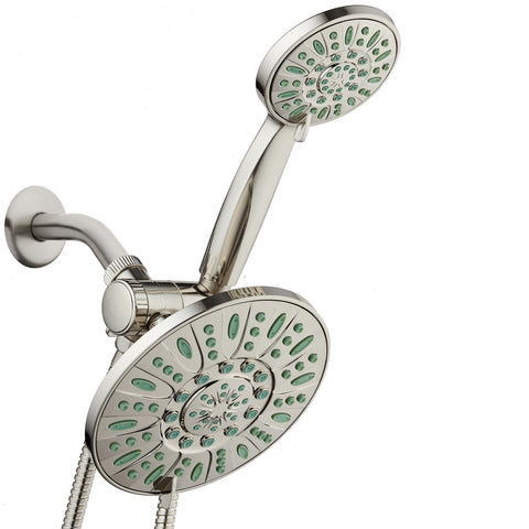AquaDance® 8228 Antimicrobial/Anti-Clog High-Pressure 30-setting Rainfall Shower Combo, Nozzle Protection from Growth of Mold, Mildew & Bacteria, Brushed Nickel Finish/Coral Green Jets