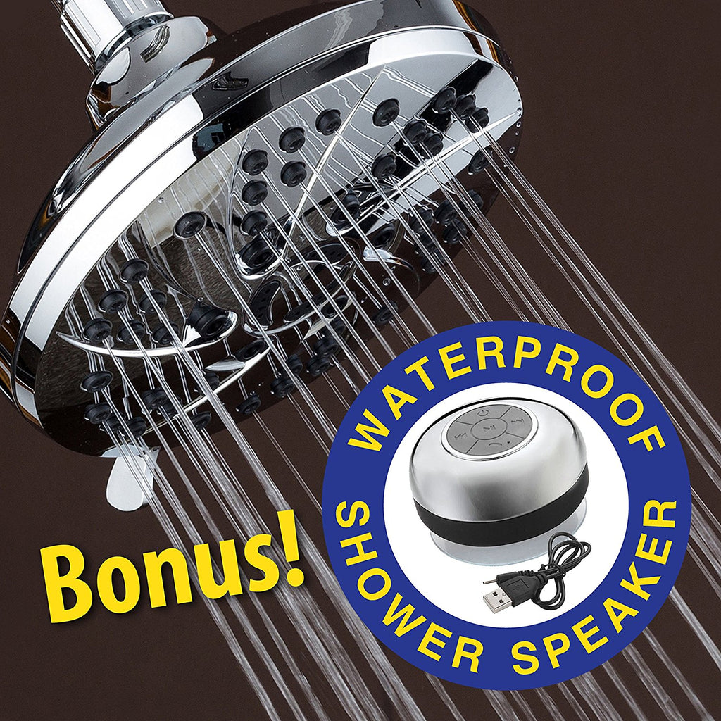 Super Value Pack! AquaDance High Pressure 6-inch / 6-Setting Premium Rain Shower Head Plus HotelSpa Chrome-plated Waterproof Bluetooth Shower Speaker